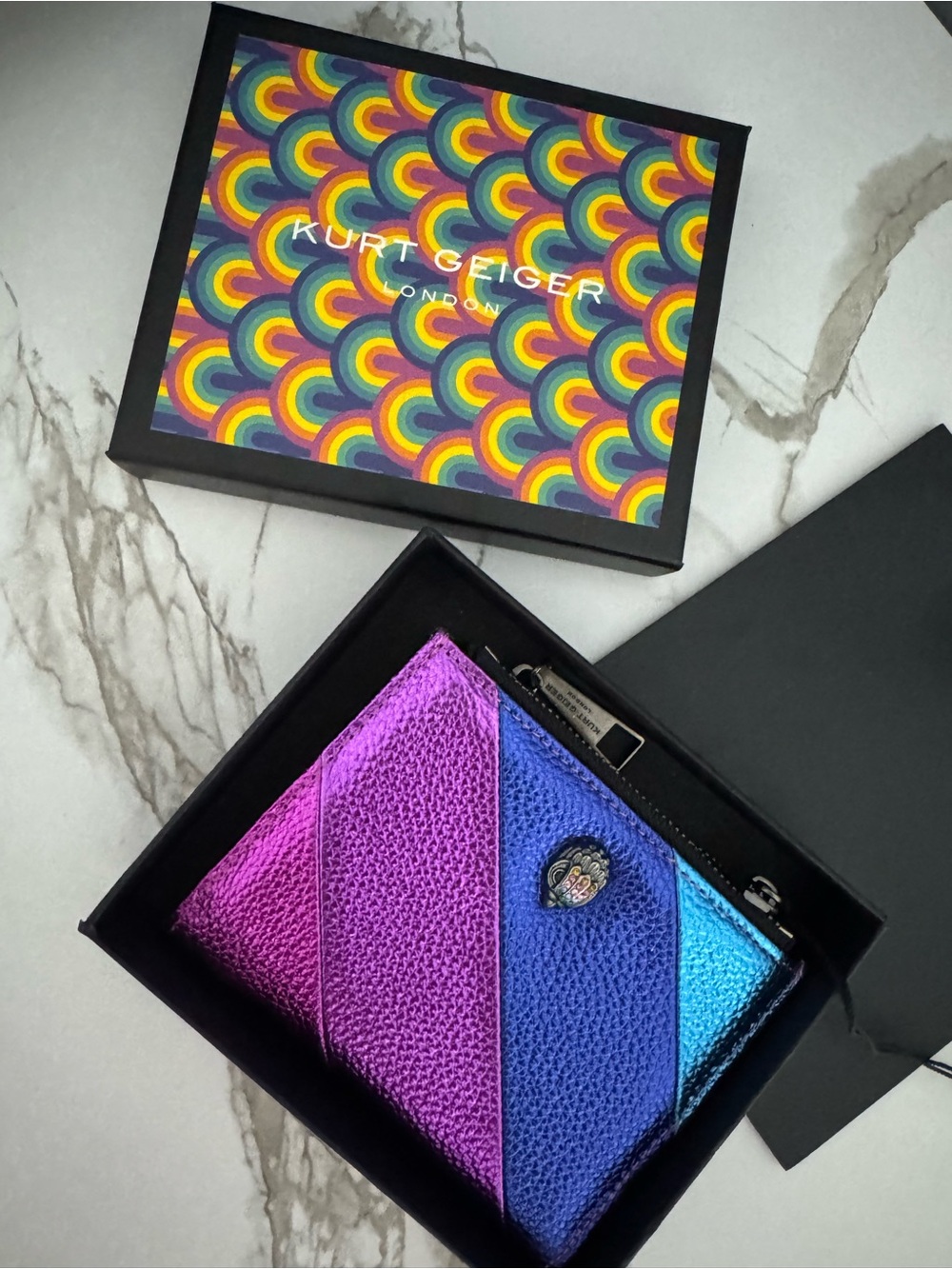 Kurt Geiger Metallic Tri-Panel Cardholder in Purple, Blue and Teal